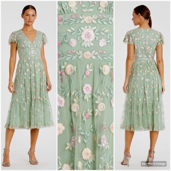 Mac Duggal 35104 Green Multicolor Embroidered V Neck Cap Sleeve Midi Dress - Picture 1 of 14